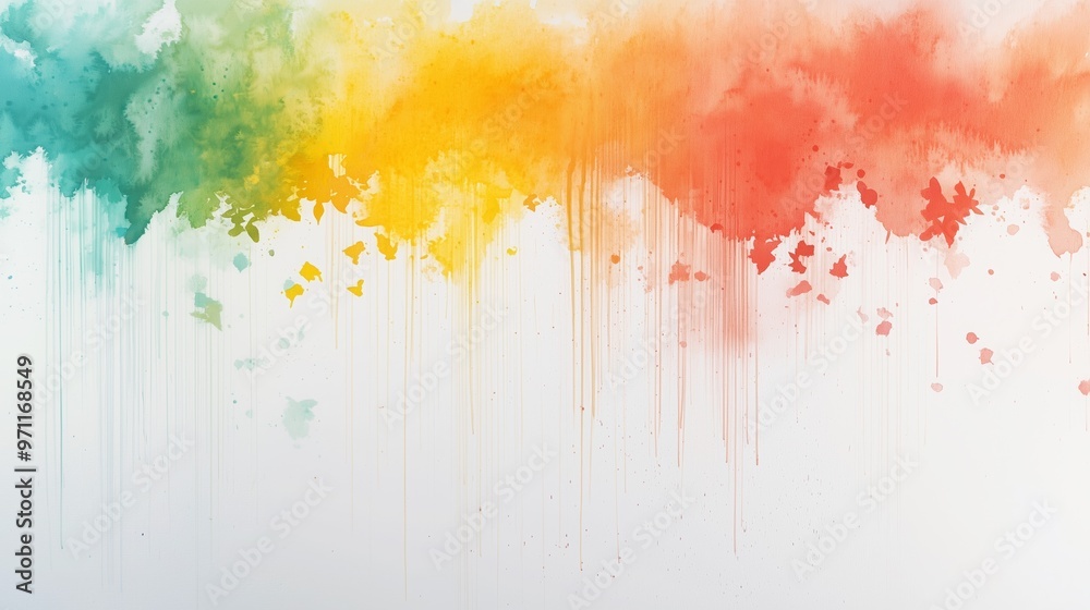 Obraz premium The image features an abstract splash of colors blending seamlessly from red and pink hues on the left to vibrant orange and yellow tones on the right, fading into light blue towards the bottom.
