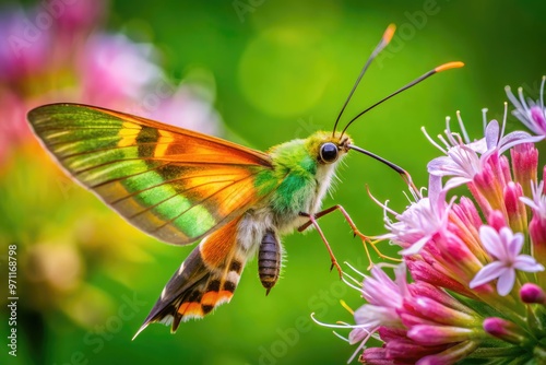 Vibrant hummingbird moth, with iridescent green thorax, orange wings, and extended proboscis, sips nectar from a delicate pink flower in a lush green meadow. photo