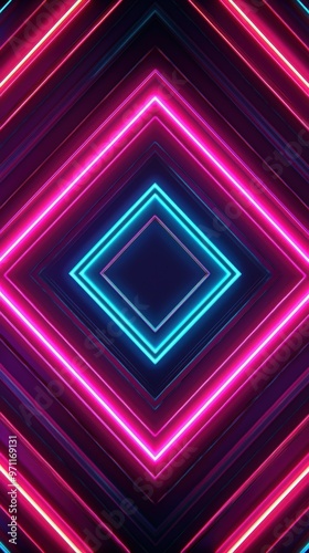 Neon geometric shapes featuring glowing lines in pink and blue hues. The abstract design is vibrant and symmetrical, creating a futuristic and modern visual.