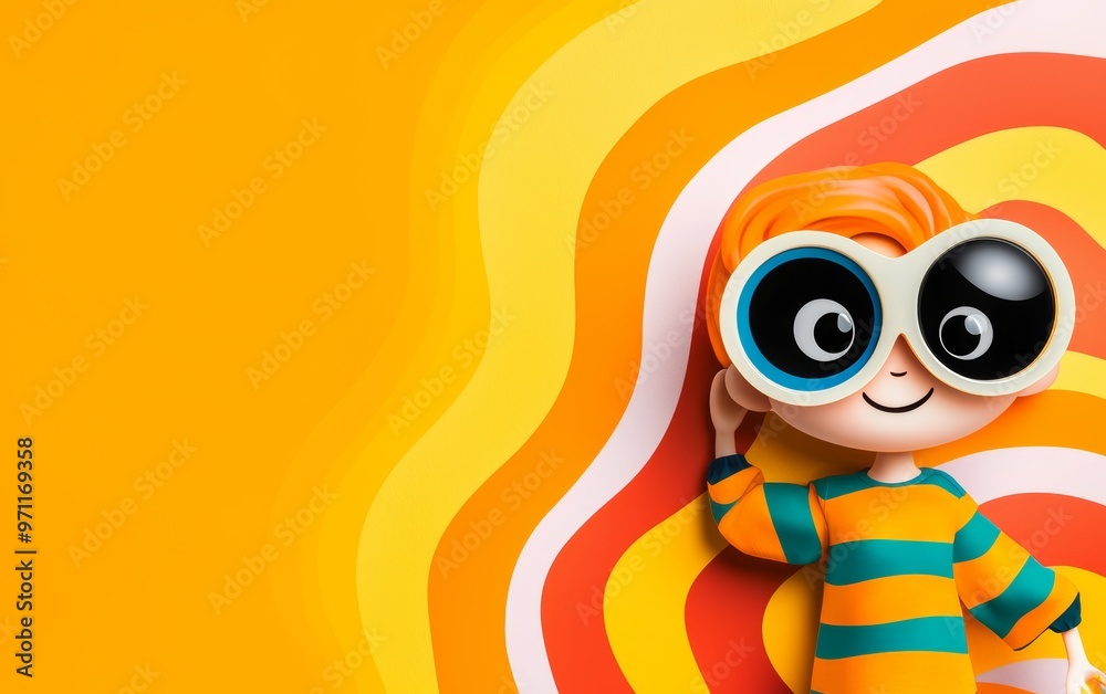 Fototapeta premium A groovy cartoon character with big, expressive eyes and a funky outfit, set against a vibrant, psychedelic background