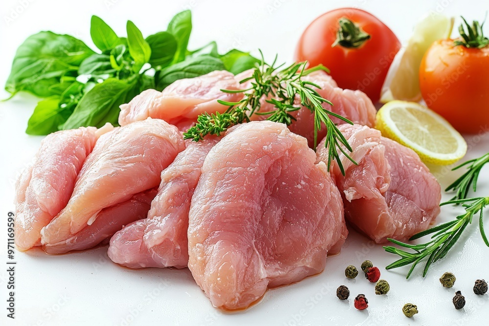 Fresh raw chicken meat placed on clean white surface, Fresh raw chicken meat placed on clean white surface,