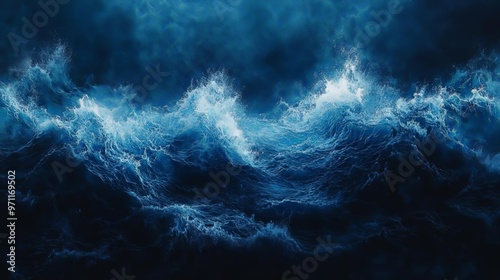 Deep, dark blue background with abstract waves and a misty overlay, capturing the mood of a stormy night at sea The texture should be rich and immersive