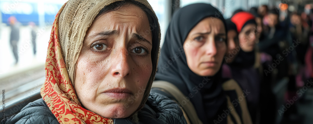Grief Amongst Refugees. Two Middle Eastern women at a train station, expressions of deep sorrow and concern.
Grief Amongst Refugees. Two Middle Eastern women at a train station, expressions of deep sorrow and concern.