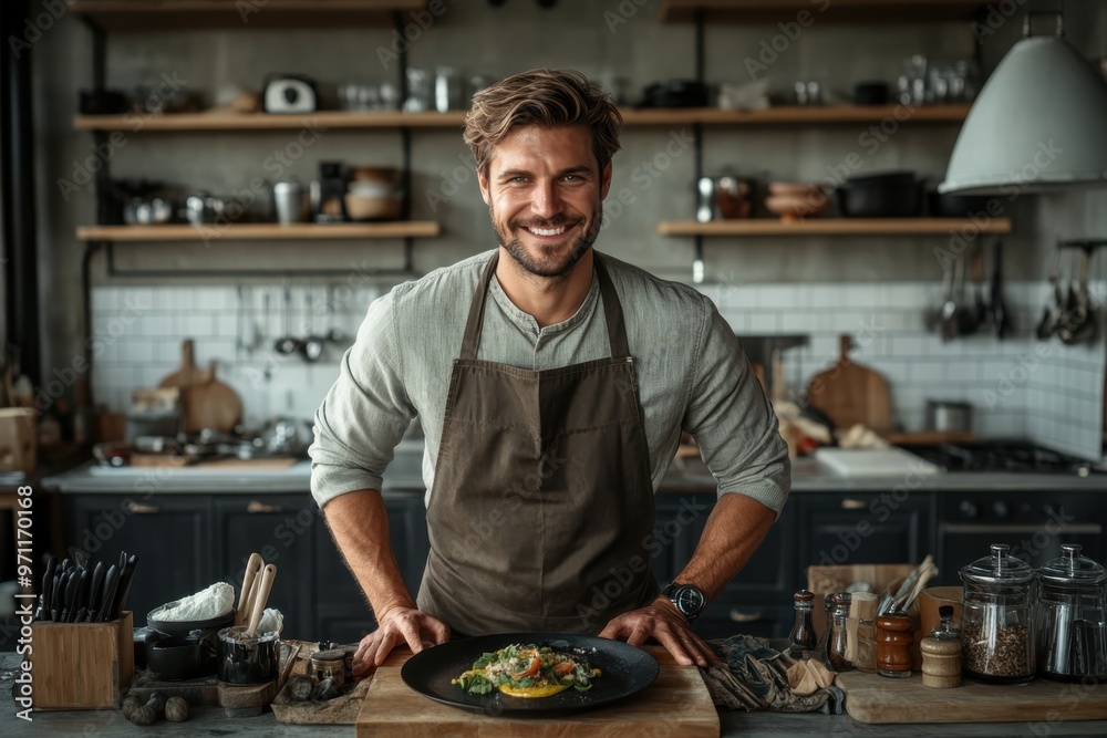 A cheerful chef stands in a modern kitchen with neatly arranged culinary tools, proudly presenting a gourmet dish, symbolizing mastery and passion for cooking. A cheerful chef stands in a modern kitchen with neatly arranged culinary tools, proudly presenting a gourmet dish, symbolizing mastery and passion for cooking.