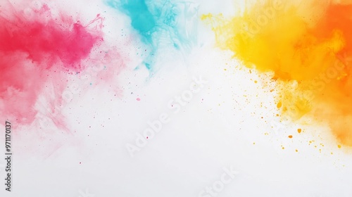 The image features an abstract splash of colors blending seamlessly from red and pink hues on the left to vibrant orange and yellow tones on the right, fading into light blue towards the bottom.