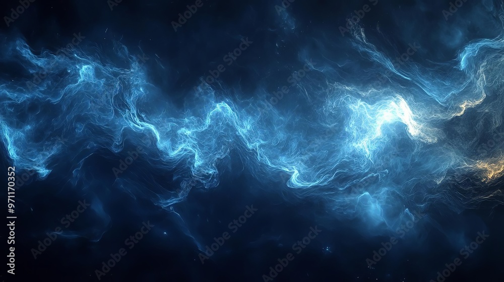 Deep navy blue background with abstract waves of mist and fog, capturing the mood of a stormy sea or night sky The texture should be rich and immersive