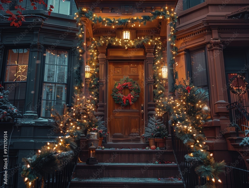 Fototapeta premium Elegant Brownstone with Sophisticated Christmas Decor and Fairy Lights
