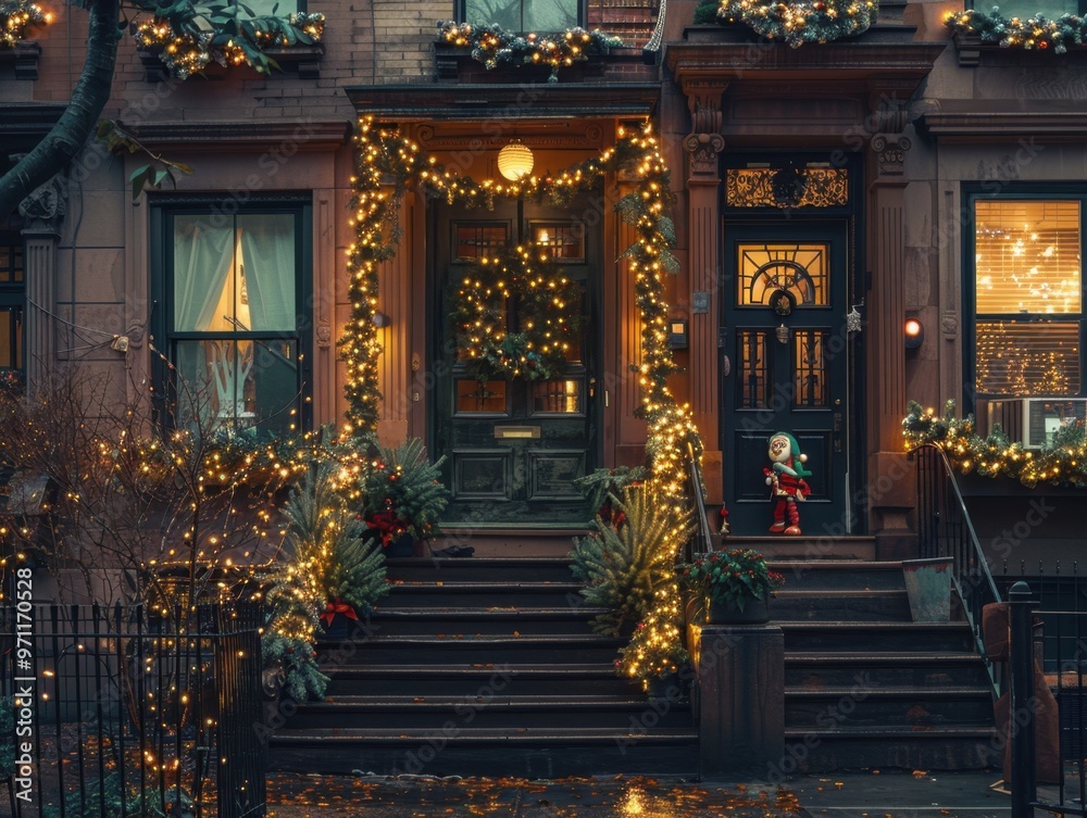 Obraz premium Elegant Brownstone with Sophisticated Christmas Decor and Fairy Lights