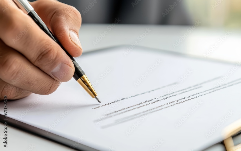 Close-up of contract signing during a successful business negotiation, document finalization, completion of negotiation Close-up of contract signing during a successful business negotiation, document finalization, completion of negotiation
