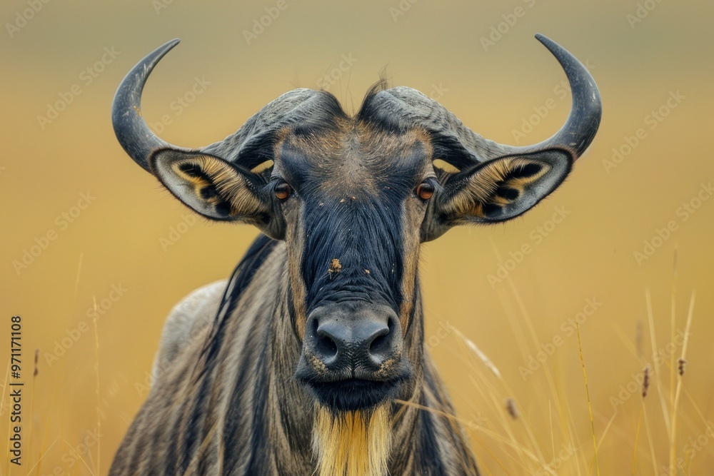 Naklejka premium Blue wildebeest stands in tall, dry grass on the savanna