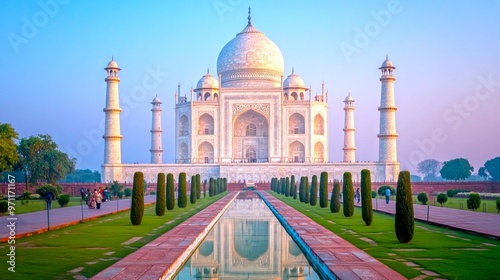 Majestic view of the Taj Mahal at sunrise shows its beauty and elegance. This architectural wonder is a symbol of love. Ideal for travel and cultural themes. AI photo