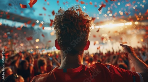 Excited fan celebrating at a lively stadium during a vibrant evening sports event with colorful confetti in the air. Generative AI