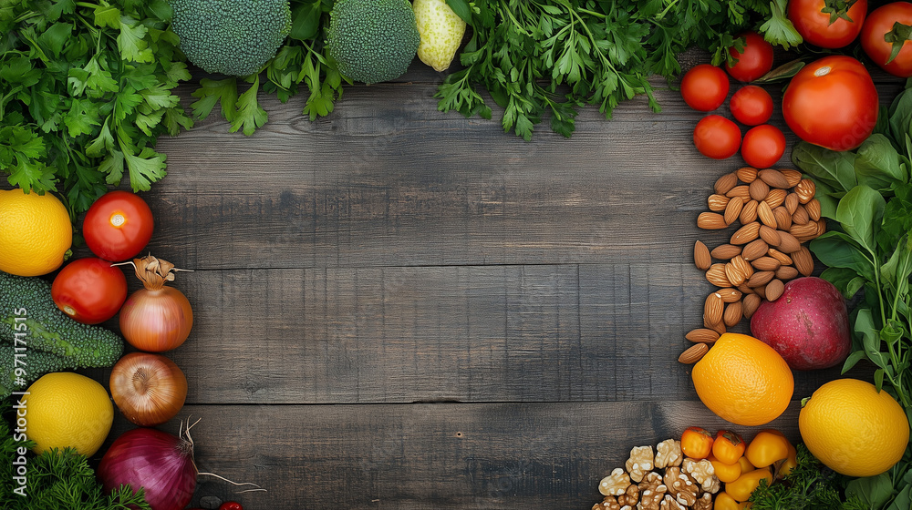 Healthy Vegetables And Nuts Frame On Dark Rustic Wooden Background