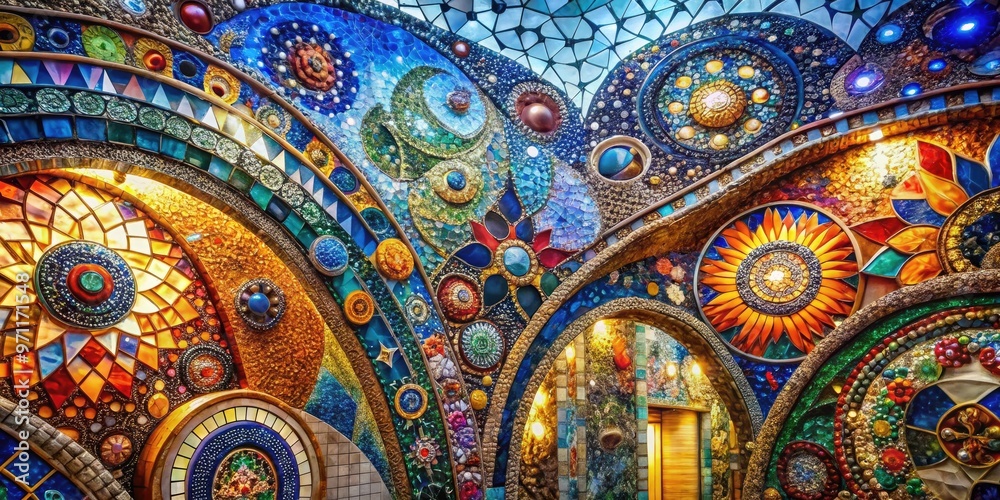 Vibrant, intricate, and whimsical mosaic artwork featuring shimmering glass pieces and curvilinear patterns, evoking a sense of fantastical architecture and ornate, dreamlike beauty. Vibrant, intricate, and whimsical mosaic artwork featuring shimmering glass pieces and curvilinear patterns, evoking a sense of fantastical architecture and ornate, dreamlike beauty.