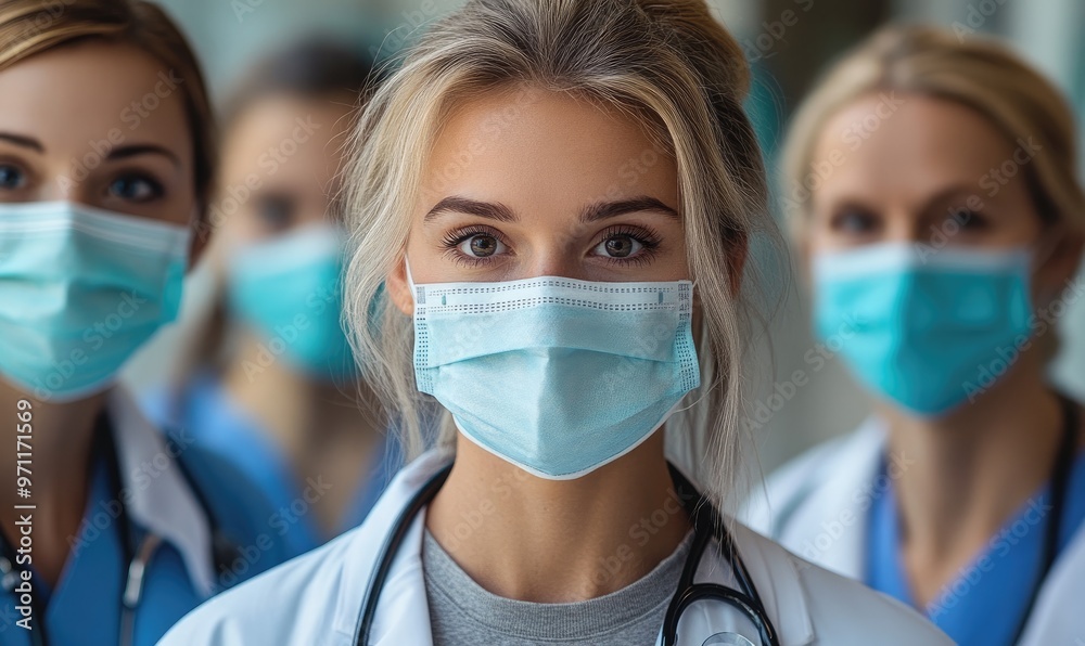 A group of healthcare professionals wearing masks, emphasizing teamwork and safety. A group of healthcare professionals wearing masks, emphasizing teamwork and safety.