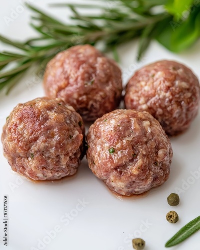 Fresh pork meatballs placed on clean white background photo