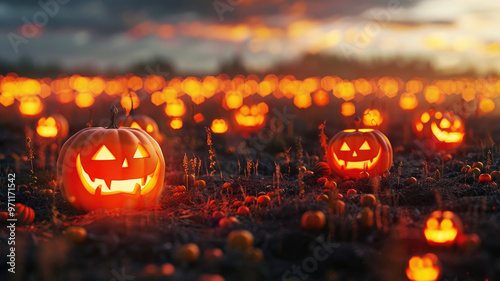 Glowing jack-o'-lanterns in a pumpkin field at dusk photo