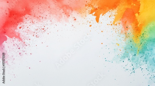 The image features an abstract splash of colors blending seamlessly from red and pink hues on the left to vibrant orange and yellow tones on the right, fading into light blue towards the bottom.