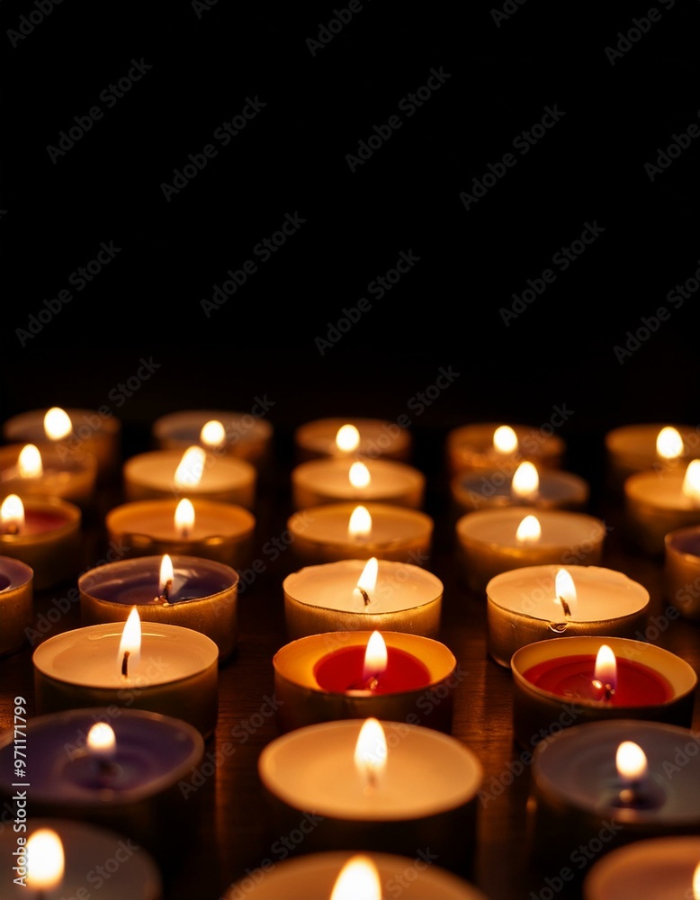 Burning brightly candles in the dark shadow, space for text romantic colorful concept background Burning brightly candles in the dark shadow, space for text romantic colorful concept background