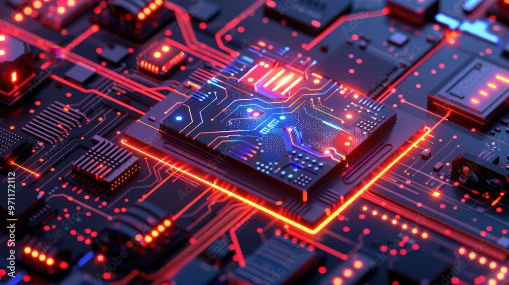 Close-up view of a glowing circuit board with intricate designs and vibrant lights showcasing technology in a dark environment. Generative AI Close-up view of a glowing circuit board with intricate designs and vibrant lights showcasing technology in a dark environment. Generative AI