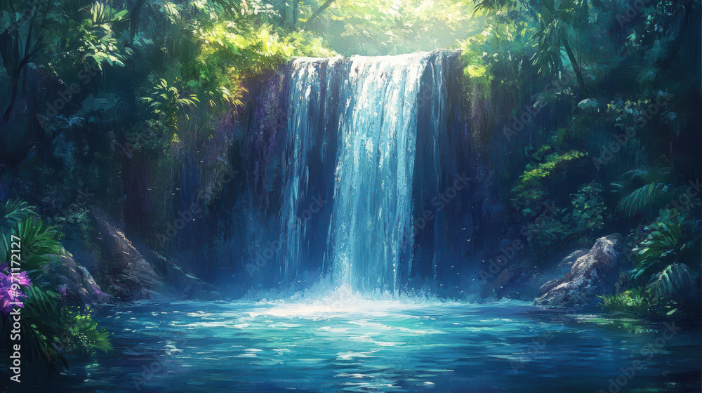 Serene waterfall in a lush forest with sunlight streaming through the trees, creating a tranquil and refreshing ambiance in nature. Serene waterfall in a lush forest with sunlight streaming through the trees, creating a tranquil and refreshing ambiance in nature.