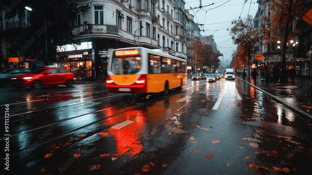 A yellow bus drives down a rainy street in the city with cars and people walking on the sidewalk. A yellow bus drives down a rainy street in the city with cars and people walking on the sidewalk.