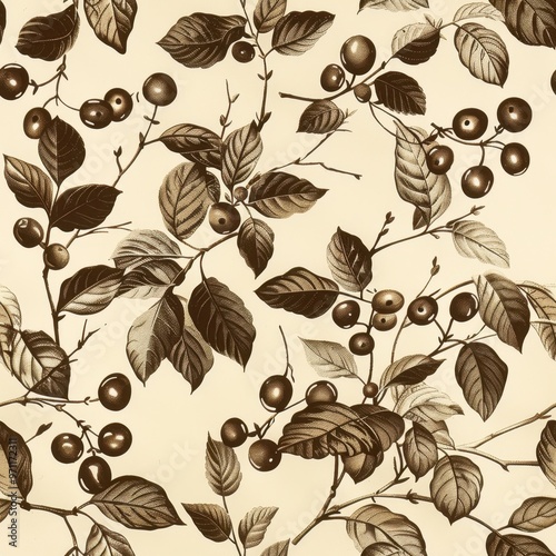 Seamless Coffee Cup Pattern with Coffee Beans and Plant Leaves

