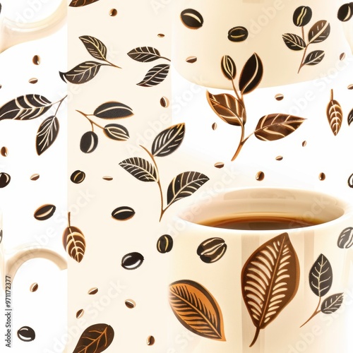 Seamless Coffee Cup Pattern with Coffee Beans and Plant Leaves

