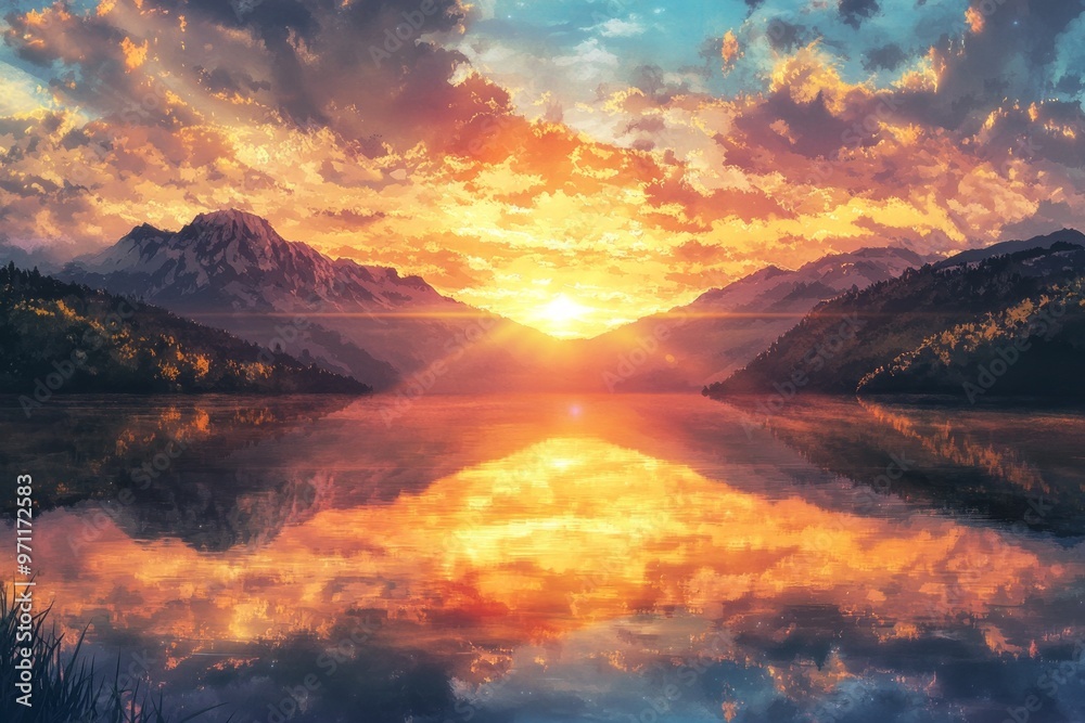 Naklejka premium Breathtaking Mountain Sunset Reflected in a Calm Lake