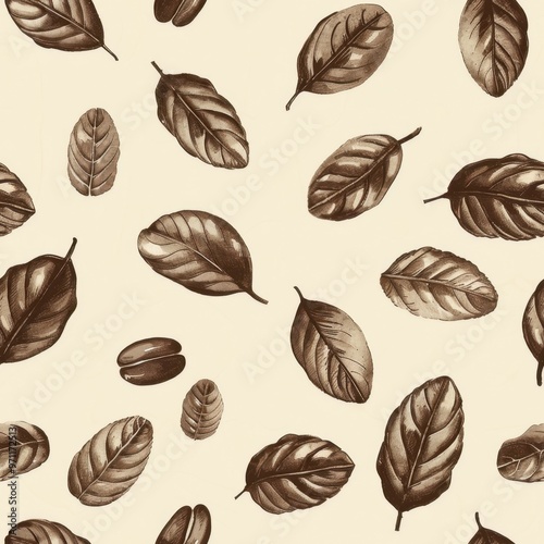 Seamless Coffee Cup Pattern with Coffee Beans and Plant Leaves

