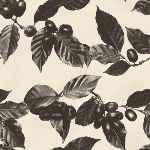 Seamless Coffee Cup Pattern with Coffee Beans and Plant Leaves


