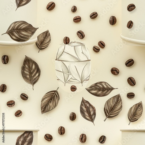 Seamless Coffee Cup Pattern with Coffee Beans and Plant Leaves

