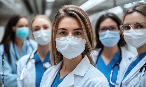 A group of healthcare professionals in masks, emphasizing teamwork and medical care.