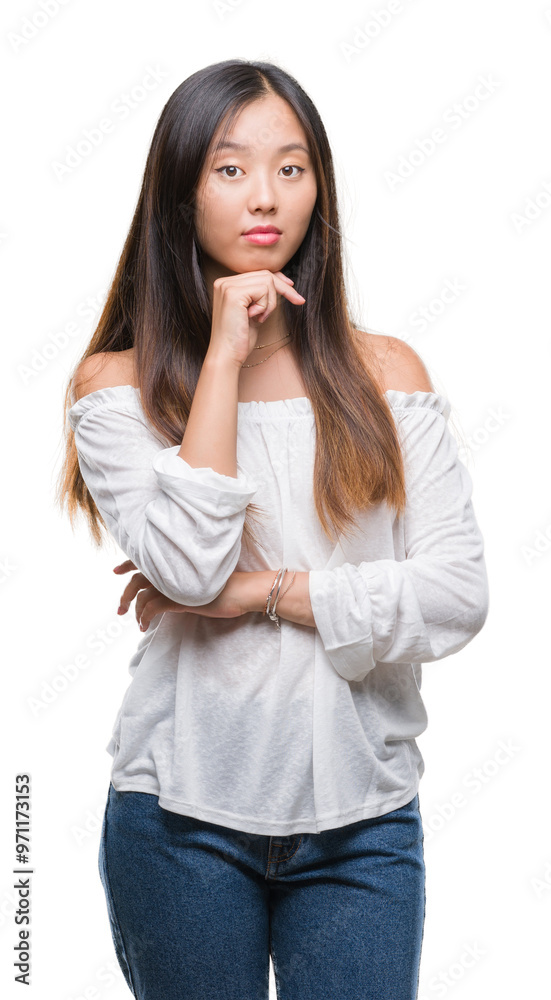 Young asian woman over isolated background with hand on chin thinking about question, pensive expression. Smiling with thoughtful face. Doubt concept. Young asian woman over isolated background with hand on chin thinking about question, pensive expression. Smiling with thoughtful face. Doubt concept.