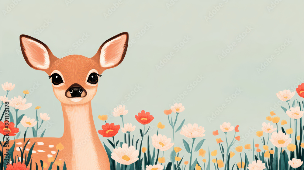 Adorable deer fawn standing amidst blooming wildflowers on a pastel blue background, perfect for nature-themed design and springtime compositions. Adorable deer fawn standing amidst blooming wildflowers on a pastel blue background, perfect for nature-themed design and springtime compositions.