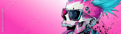 Colorful punk skull wearing glasses with vibrant mohawk on a gradient pink background, showcasing a bold and edgy artistic style.