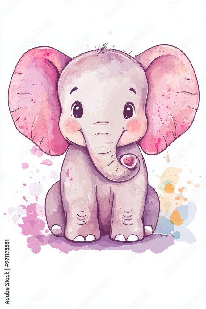 Fototapeta premium Cute watercolor elephant illustration with pink ears and colorful splashes, perfect for children's books, nursery decor, and playful designs.