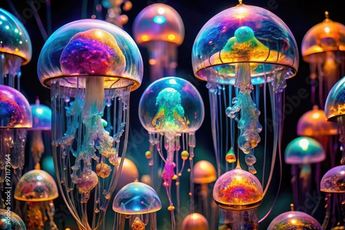 Vibrant, iridescent crystallized jellyfish sculptures suspended in a glass container, refracting light and showcasing their intricate, delicate forms in mesmerizing, otherworldly beauty.