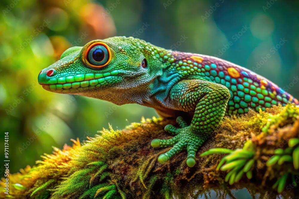 Vibrant, iridescent fish-scale-patterned gecko perches on a moss-covered branch, its emerald-green skin glistening with dew, showcasing nature's mesmerizing artistry in intricate reptilian detail. Vibrant, iridescent fish-scale-patterned gecko perches on a moss-covered branch, its emerald-green skin glistening with dew, showcasing nature's mesmerizing artistry in intricate reptilian detail.