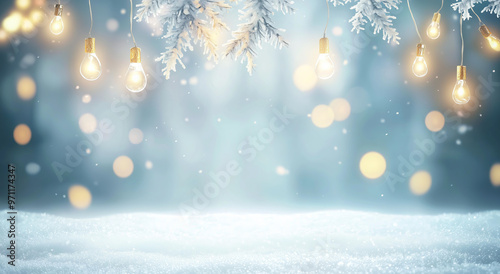 A blurred background of an empty snowy winter scene with hanging lights and snowflakes