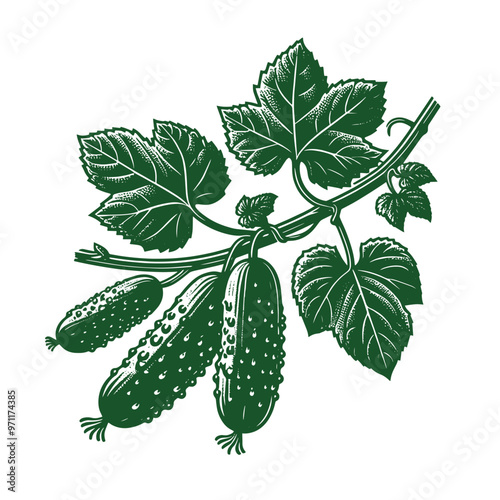 Cucumbers on a branch. Vintage engraving vector illustration, emblem, print, logo. Green