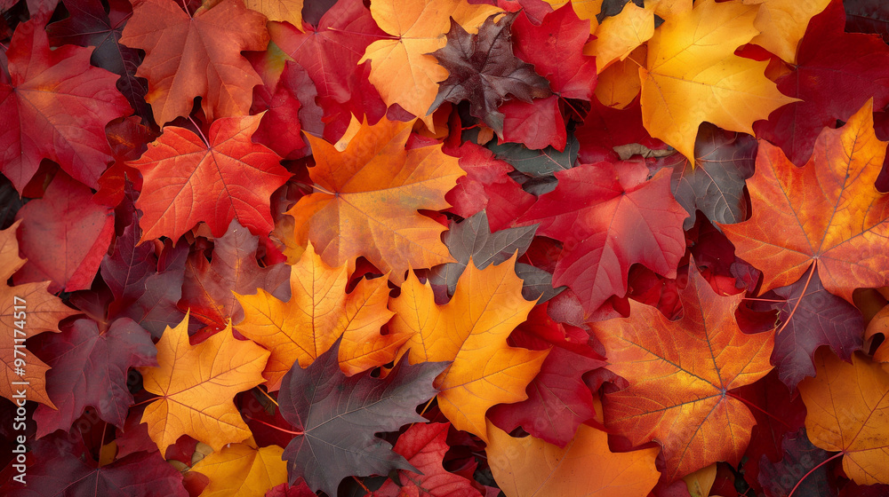 A close-up of colorful autumn maple leaves in shades of red, orange, and yellow, covering the ground A close-up of colorful autumn maple leaves in shades of red, orange, and yellow, covering the ground