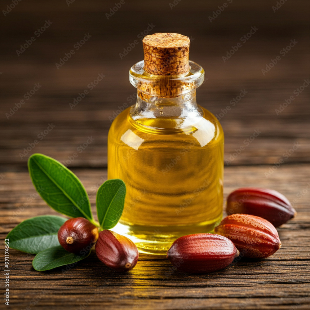 A bottle of jojoba oil with a light golden color, accompanied by fresh jojoba seeds and leaves A bottle of jojoba oil with a light golden color, accompanied by fresh jojoba seeds and leaves