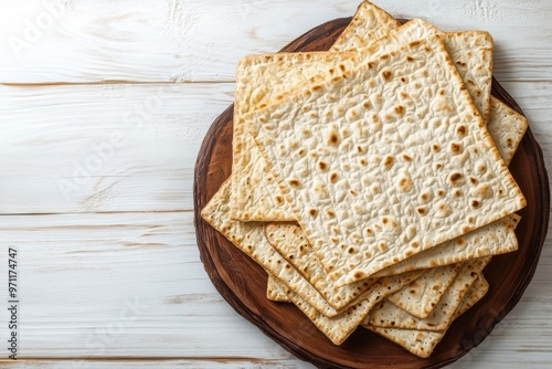 Matzo resting against a bright background with space available for text. Aerial view, laid out horizontally photo