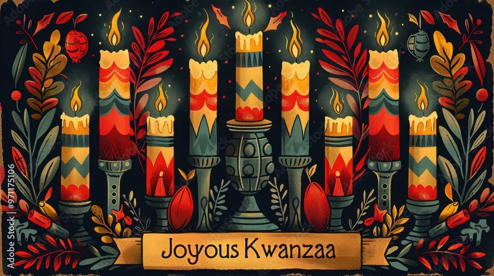 Fototapeta premium Vibrant Kwanzaa Celebration with Kinara, African Patterns, and Harvest Fruits