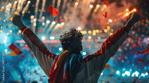 Excited fan celebrates victory at a vibrant stadium during a fireworks display in the evening. Generative AI photo