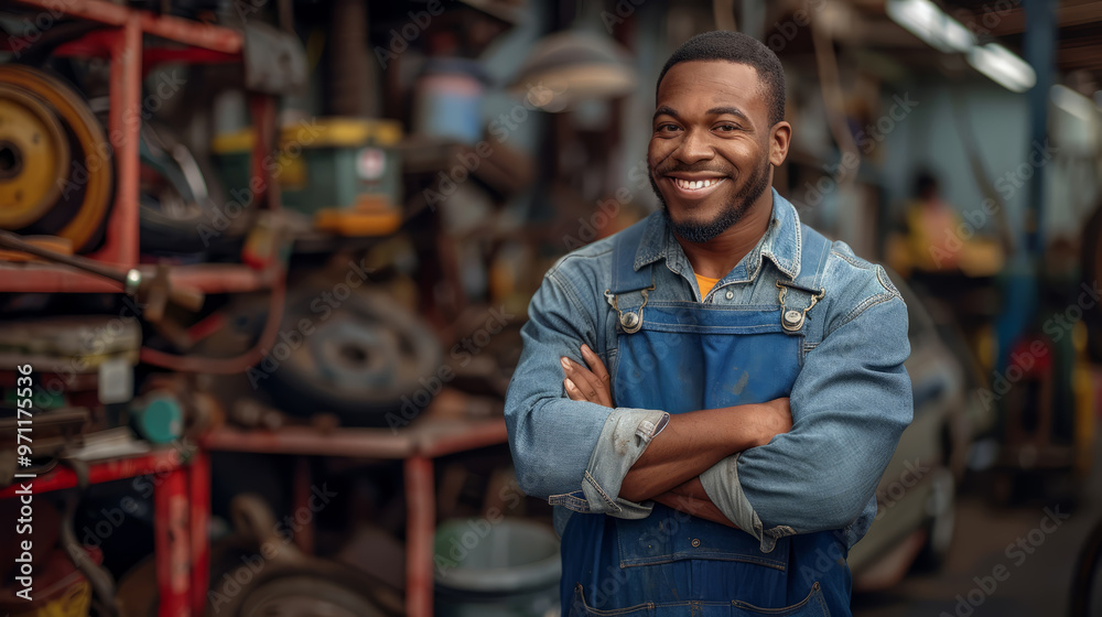 A mechanic in blue overalls, holding a wrench, standing in an auto repair shop, smiling. A mechanic in blue overalls, holding a wrench, standing in an auto repair shop, smiling.