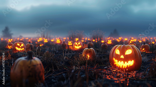 Glowing jack-o'-lanterns in a pumpkin field at dusk photo