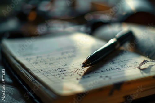 Open notebook with cursive handwriting and a pen resting on top