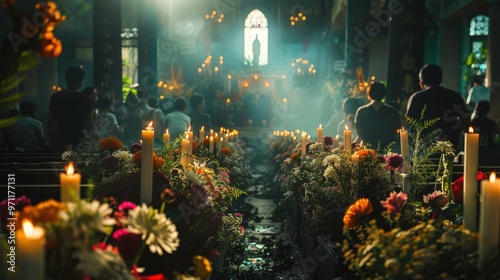 People gathered in a candlelit church decorated with flowers to honor loved ones during a solemn memorial service at dusk. Generative AI